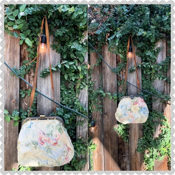 Vintage Pastel Floral Tan Leather Cottage Prairie Lolita Clasp Crossbody Bag